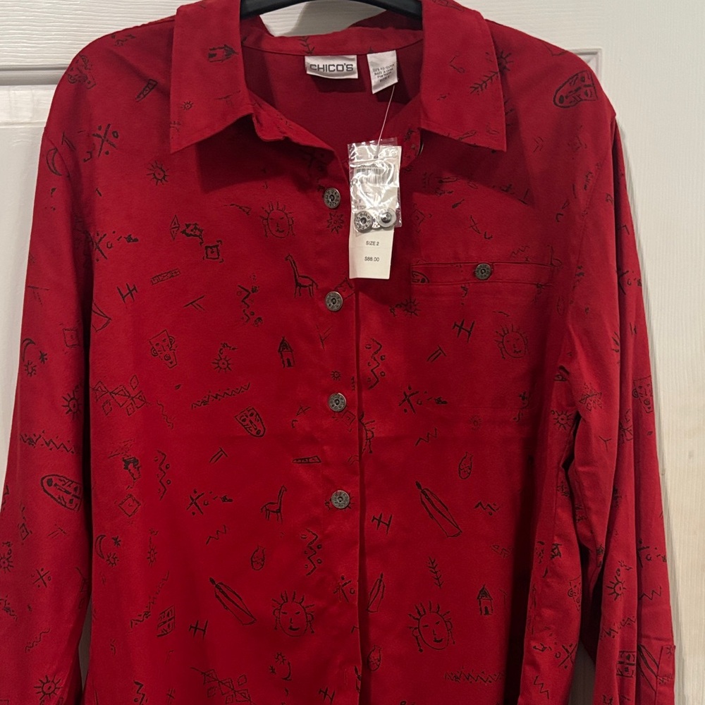 Chico's Red Blouse with Black Pattern - image 1